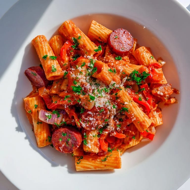 Close-up of bubbling Spanish chorizo pasta, showcasing the vibrant colors and smoky flavors.