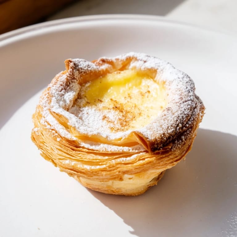 Freshly baked Portuguese egg tarts, dusted with powdered sugar, look rich and delicious.