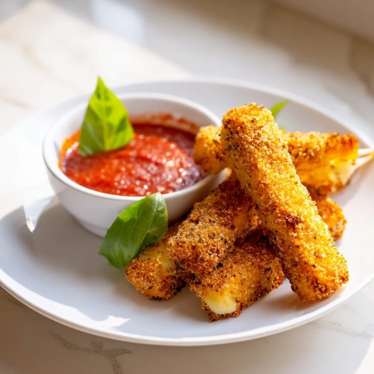 Chrupiące powietrzne frytki z mozzarellą, roztopiony ser, serwowane z ciepłym sosem marinara.