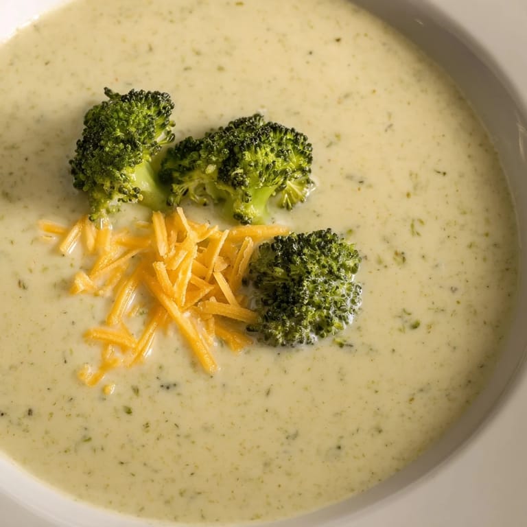 Freshly blended Broccoli Cheddar Soup, garnished, offering a comforting, cheesy, delicious flavor.