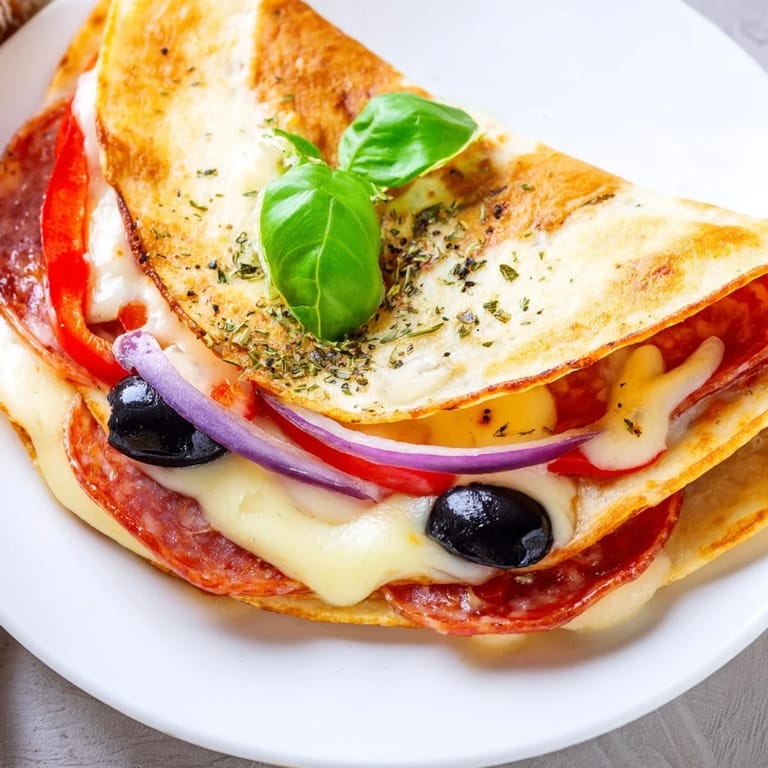 A close-up of a delicious, cheesy Tortilla Pizza Wrap, with a side of fresh basil leaves.