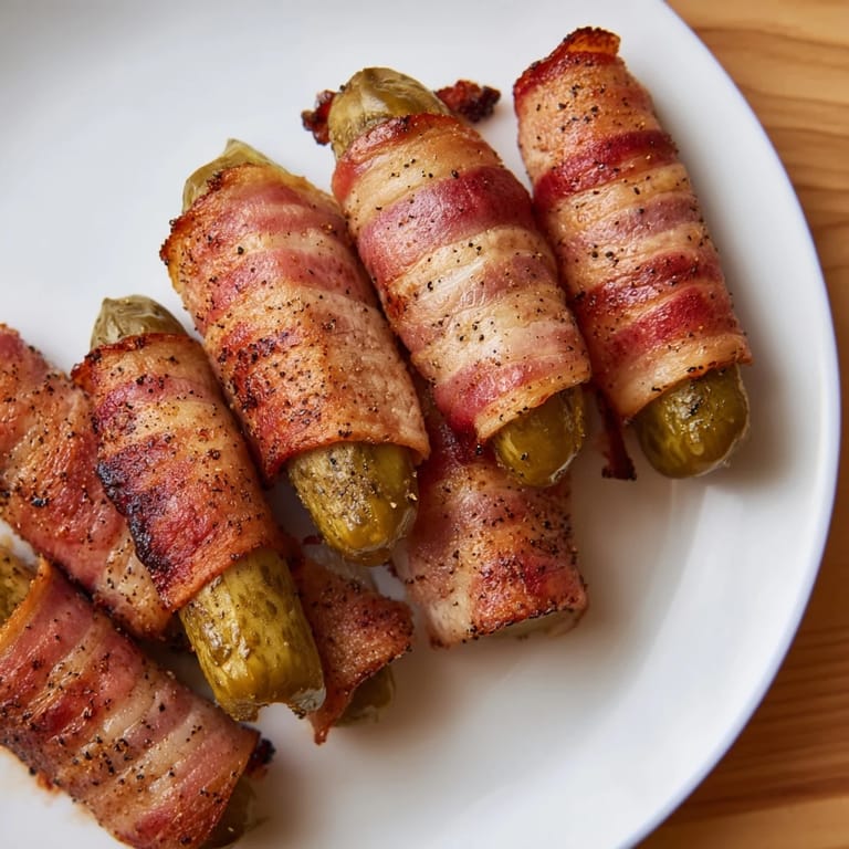 Smoky bacon embraces tangy pickles in this photo of perfectly baked bacon-wrapped pickles.