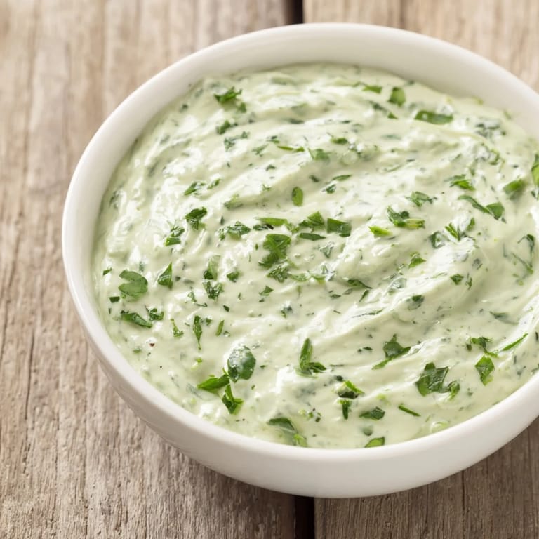 A close-up of Green Goddess Salad Dip, a flavorful dip perfect for dipping crunchy tortilla chips.