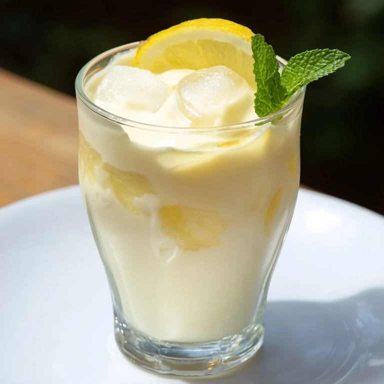 Close-up of a creamy lemonade drink, showing the smooth texture and fresh lemon slices.