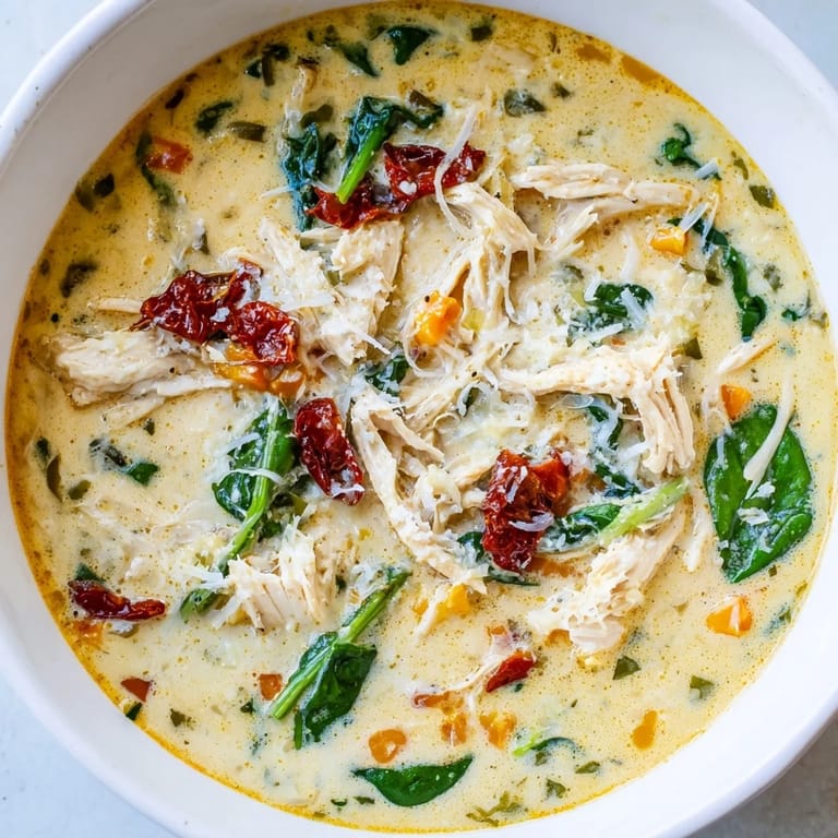This hearty Creamy Tuscan Chicken Soup features tender chicken bathed in a rich, creamy broth.