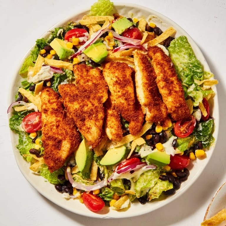 Apetyczna fotografia sałatki z chrupiącym kurczakiem taco, z widocznymi kawałkami awokado i sera.