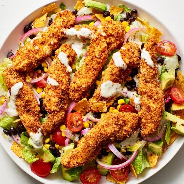 Pyszny widok na sałatkę z kurczakiem taco: złoty kurczak na tle kolorowych warzyw z sosem.