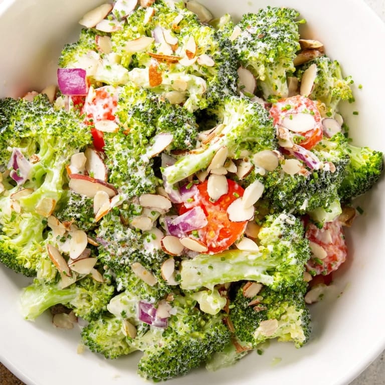 Creamy Garlic Parmesan Broccoli Salad, tossed and garnished with toasted almonds; a perfect side dish.