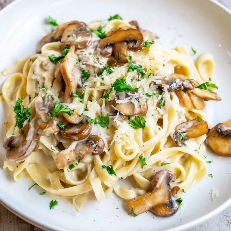 Delicious Creamy Mushroom Alfredo, with golden sautéed mushrooms, served hot and inviting.