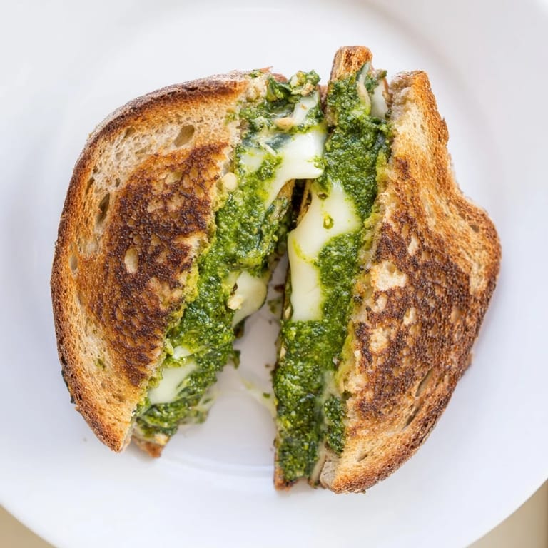 Golden, grilled Spinach Pesto Grilled Cheese, cut in half to showcase the flavorful filling.