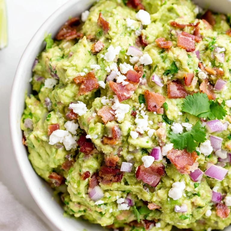 Hearty Bacon Guacamole With Cotija Cheese served with tortilla chips on a rustic table.