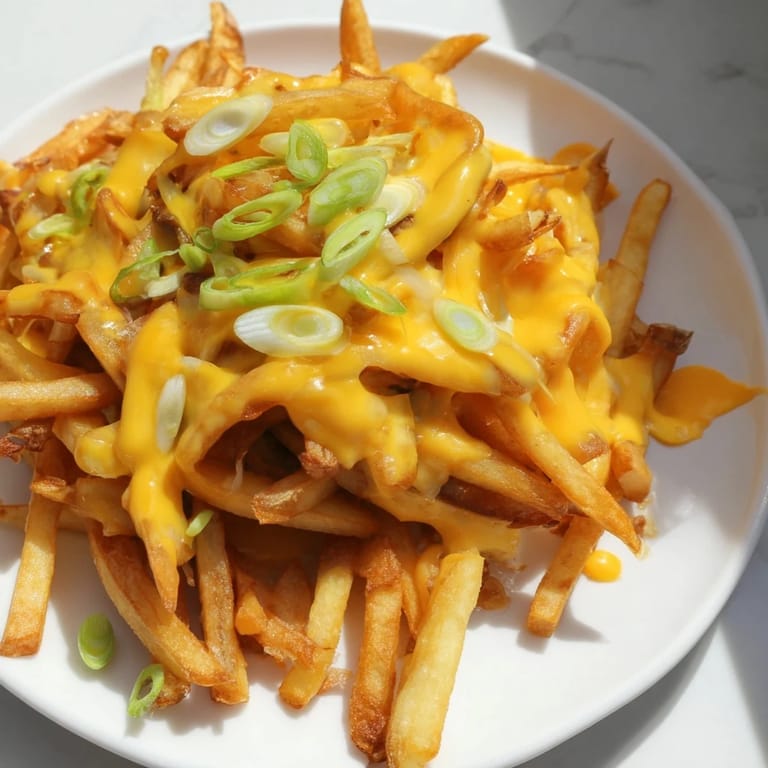 Freshly chopped spring onions and herbs garnish these savory Cheesy BBQ Fries with Ranch Dip for a crowd-pleasing snack.