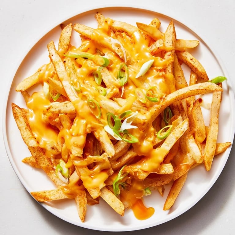 A steaming platter of Cheesy BBQ Fries topped with bubbling cheese, paired with a cool dip for easy entertaining.