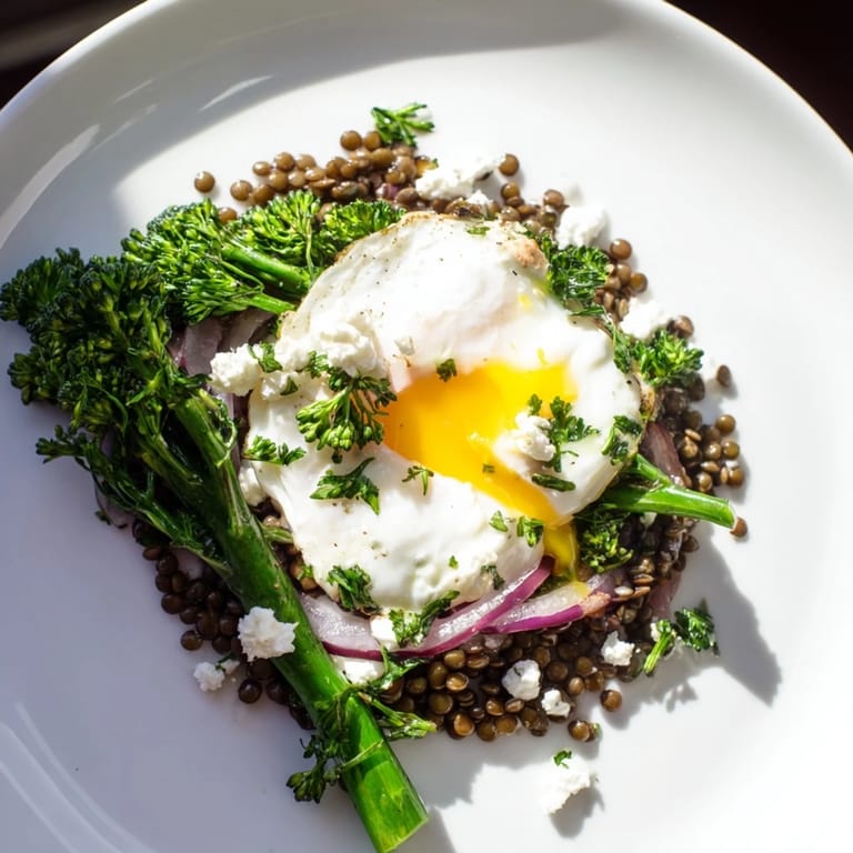 Serving suggestion for French Lentil Salad With Broccolini and Soft-Cooked Eggs, plated with a crisp Sauvignon Blanc beside it.