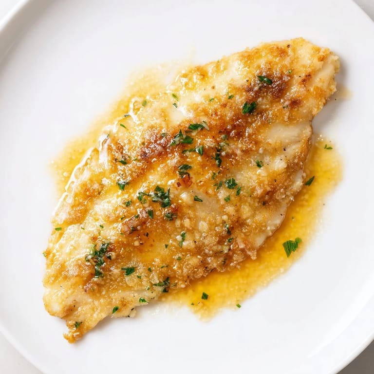 Parsley garnish and lemon wedges accompany the sizzling Flounder Meunière.