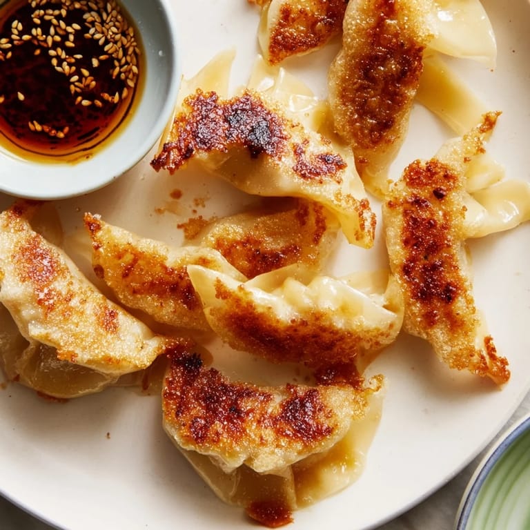 A close-up of a plate of Smashed Gyozas, steam rising from the tender wrappers, with a spoonful of savory pork filling visible.