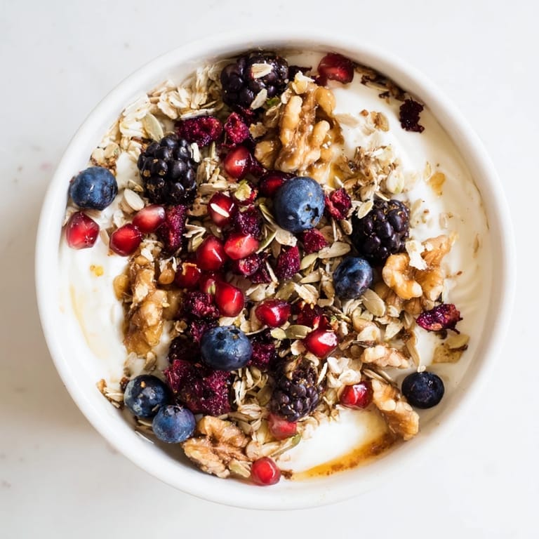 Hearty spiced crunch and bright winter berries served over smooth yogurt, perfect for a gluten-free or vegetarian breakfast.