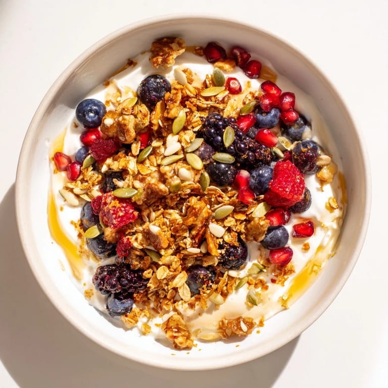 A warm, nourishing breakfast bowl with toasted oats, nuts, and crunchy seeds drizzled with honey for a cozy morning treat.