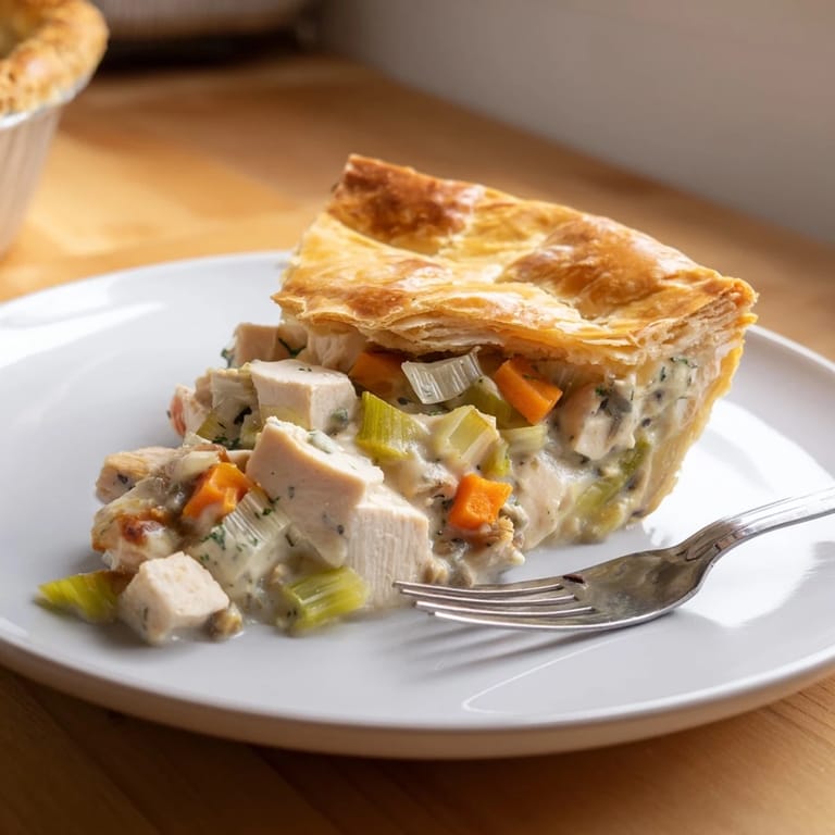 Steaming Chicken and Leek Pie straight from the oven, featuring a rich filling and bubbling, buttery crust.