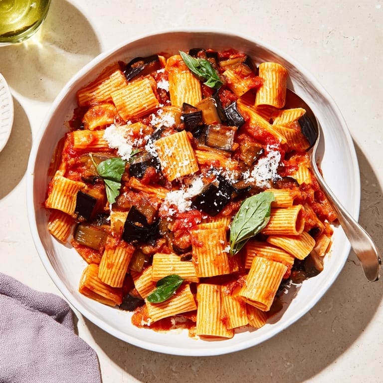 Finished Pasta Alla Norma topped with ricotta salata and fresh basil on a rustic table.