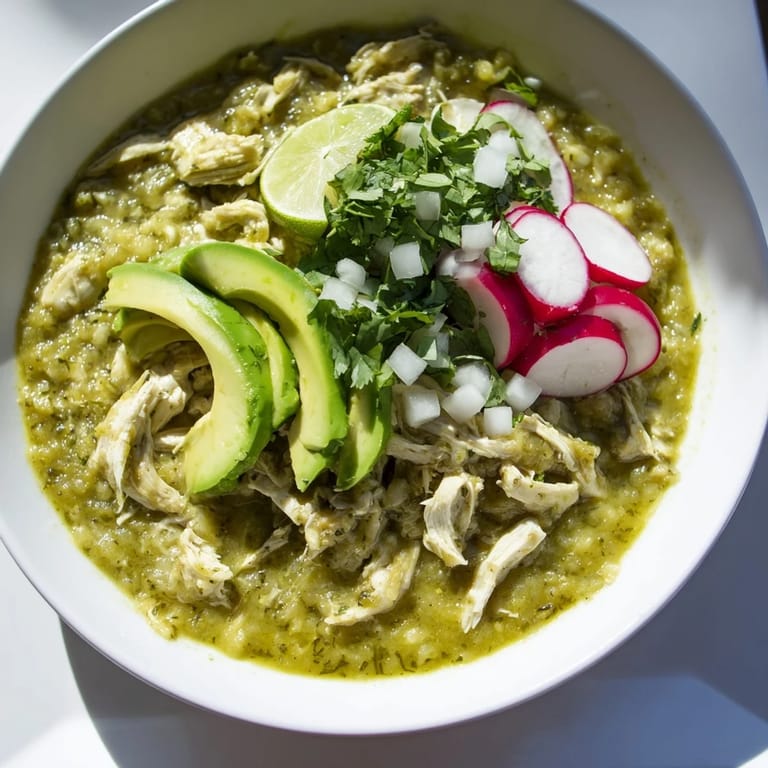Tender, slow-simmered Chicken Chili Verde served warm in a rustic bowl, with a spoonful of tangy green sauce and vibrant toppings.