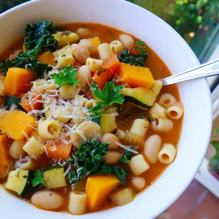 Cozy Winter Minestrone Soup With Butternut Squash and Kale served in a rustic bowl with crusty bread.