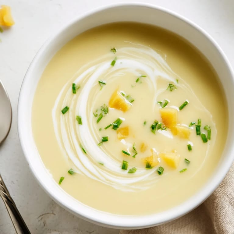 A ladle serves steaming hot Potato Leek Soup, rich with leeks and Yukon Gold potatoes, for a comforting meal.