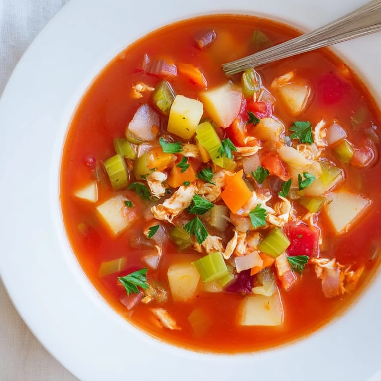Hearty Manhattan Clam Chowder with red potatoes, celery, and carrots in a tomato-based broth.