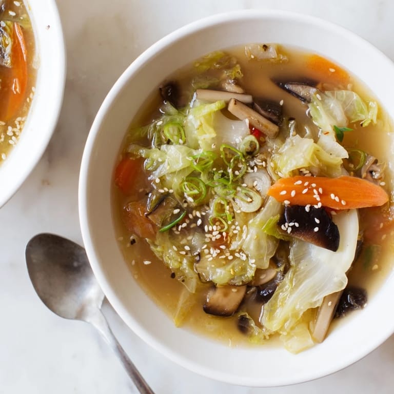 Close-up of Ginger-Miso Winter Soup broth with julienned carrots, mushrooms, and fresh cilantro, ideal for cold weather.