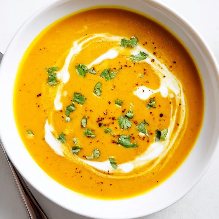 Gęsta, aromatyczna zupa marchewkowa z soczewicą, z łyżką jogurtu i świeżą pietruszką, gotowa do podania.
