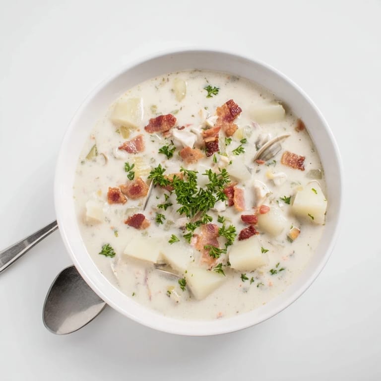 Thick, hearty New England Clam Chowder with visible clams and potatoes, ready to be enjoyed with crusty bread on the side.