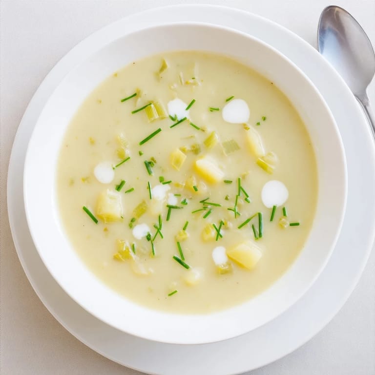 Zdjęcie przedstawia gładką, jasną francuską zupę z porową, z mleczną śmietanką i chrupiącym skwarkiem boczku.
