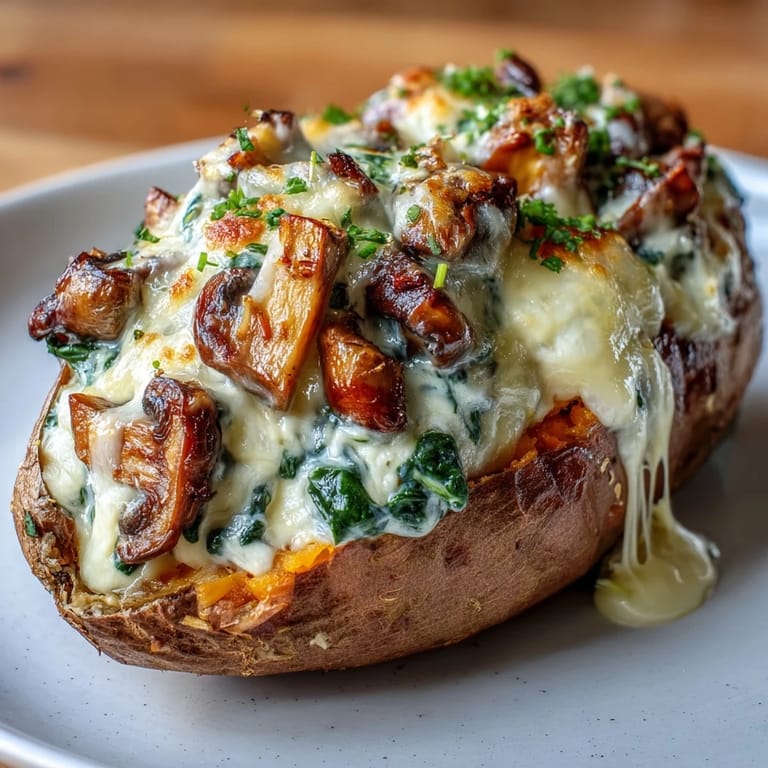 Roasted sweet potatoes stuffed with creamy spinach and mushroom mixture, ready to serve for a healthy meal.