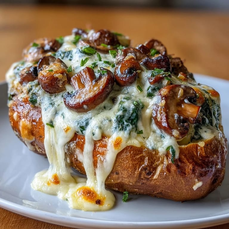 Savory mushroom and spinach filling inside roasted sweet potatoes, served hot on a rustic wooden board.  