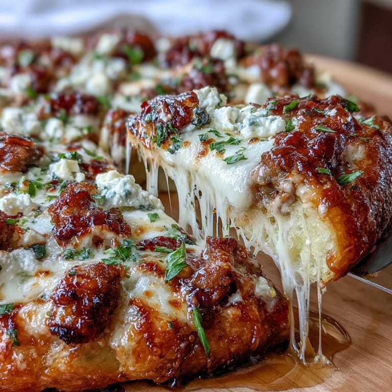 A close-up view of Hot Sausage Feta Honey Pizza on a marble countertop, garnished with vibrant green fresh parsley.
