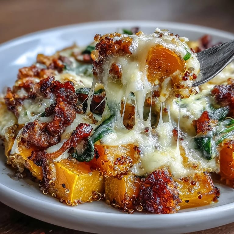 A close-up view of the Cozy Butternut Squash & Sausage Casserole reveals tender squash, savory sausage, and melted mozzarella.  