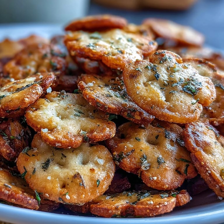 Crispy Ranch Oyster Crackers cooling on parchment paper, with a glass of iced tea and salad in the background.