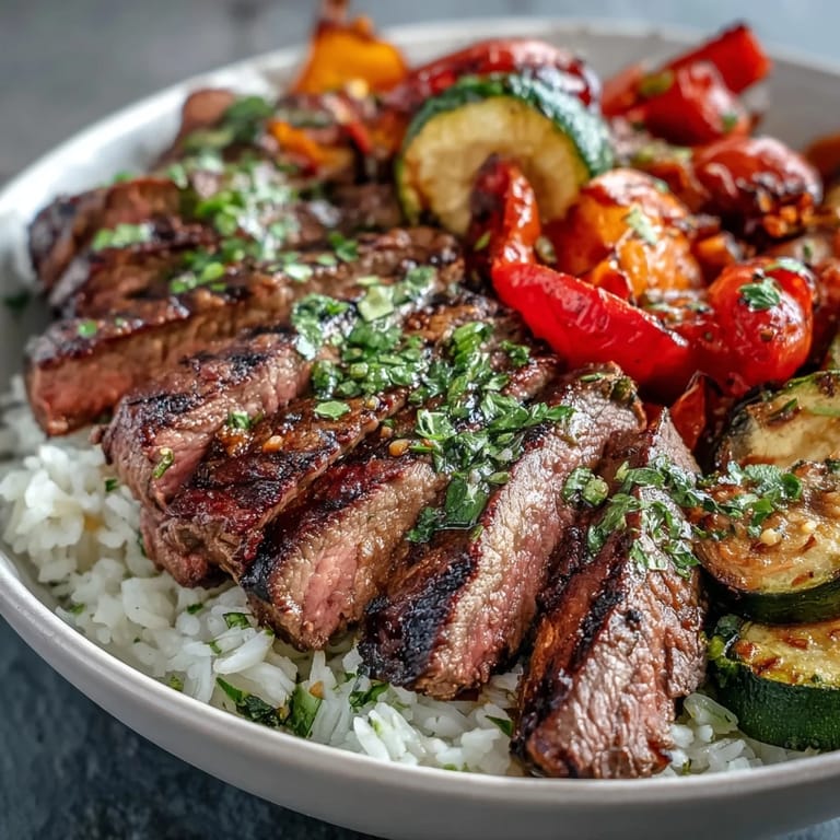 Deliciously seasoned steak and mixed vegetables artfully arranged with rice.