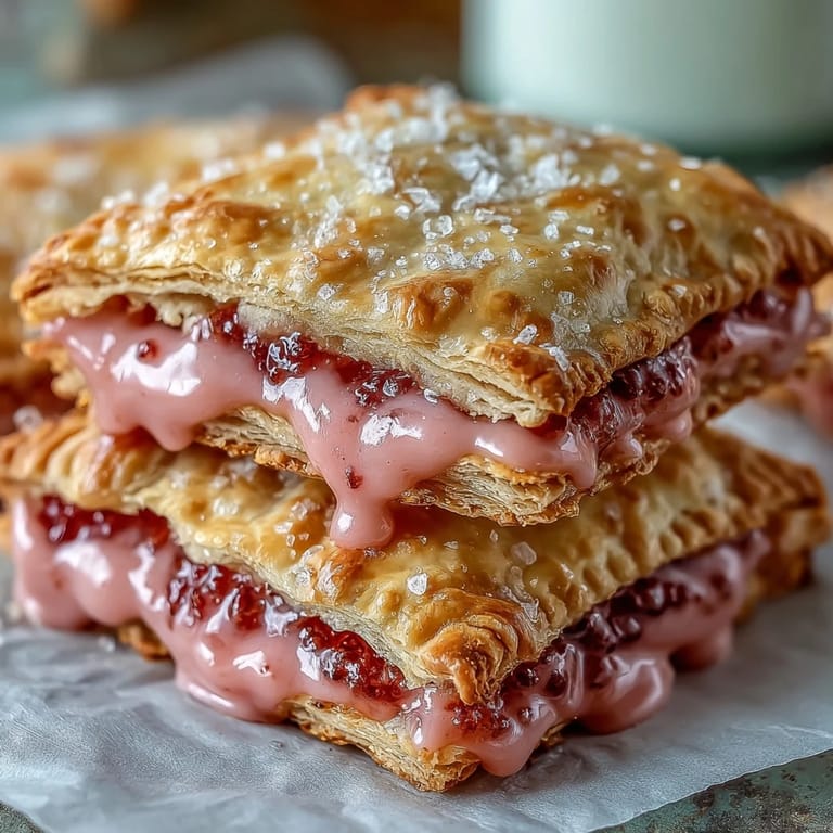 A close-up of a Guava Cheese Pop Tart slice revealing creamy cheese and rich guava jam between buttery layers.