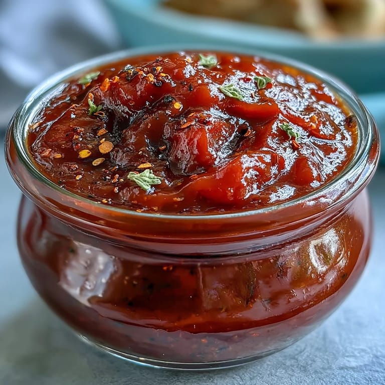 Homemade guava BBQ sauce in a glass jar, rich red-brown color with smooth texture, ideal for dipping fries or ribs.