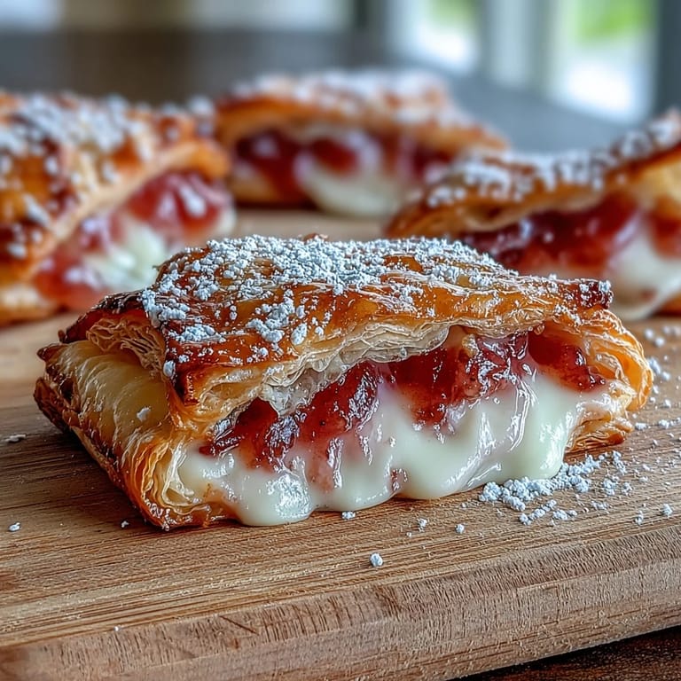 Ciepłe, domowe guava cheese pastries z chrupiącymi warstwami ciasta, rozpływającym się serem i intensywnym, różowym nadzieniem gujawowym.
