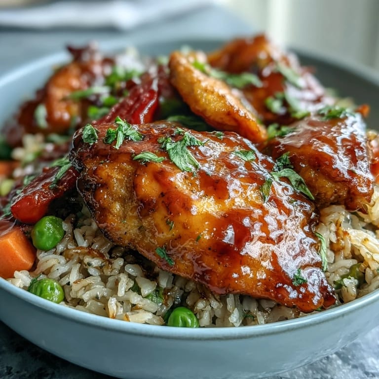 Rodzinny obiad z kurczakiem BBQ, ryżem i jarzynami parującymi na patelni