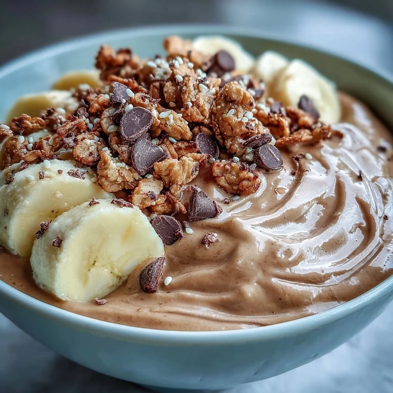 Vibrant Chunky Monkey Smoothie Bowls in two rustic bowls with banana slices, granola, and chocolate chips for a satisfying snack.