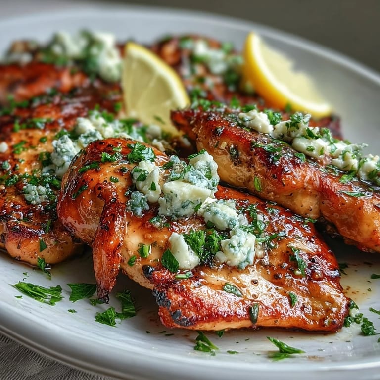 Freshly cooked Greek Chicken with Lemon and Feta topped with crumbled cheese and parsley next to lemon wedges.