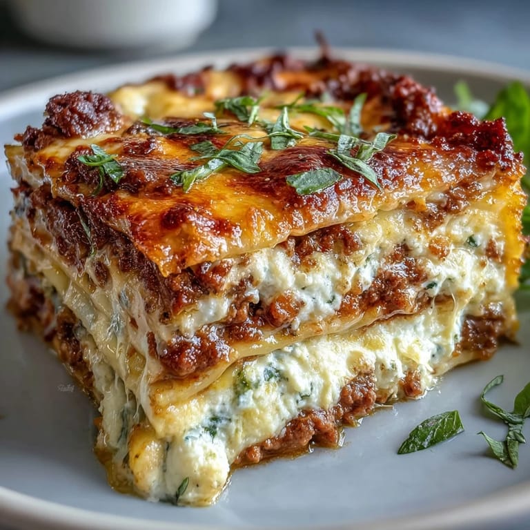 Layers of World's Best Lasagna with meat sauce, ricotta, and gooey cheese, served in a baking dish.