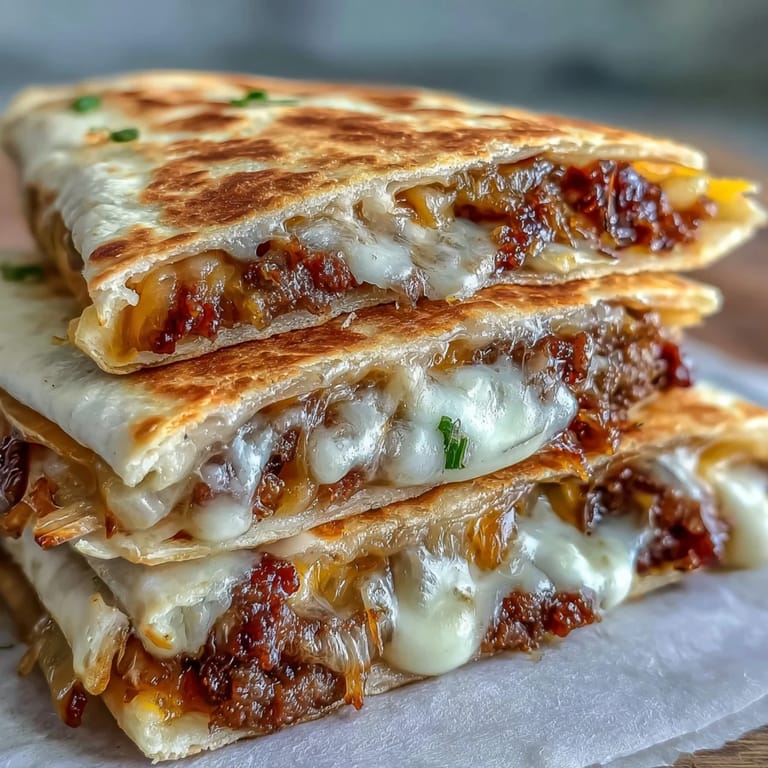 Two stacked Cheesy Griddled Smashburger Quesadillas on a skillet, garnished with fresh cilantro and pickles.
