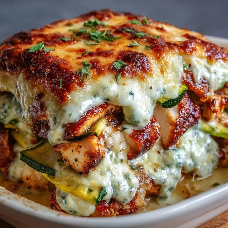 Fresh parsley garnishes a hearty slice revealing creamy yogurt egg filling, tender seared chicken pieces, and crisp zucchini layers in a home-cooked casserole.