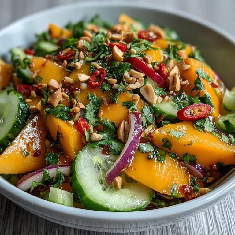 Bright red onion, Thai chilies, and cilantro add zesty kick to mango strips in this gluten-free salad, plated as a refreshing dinner side.