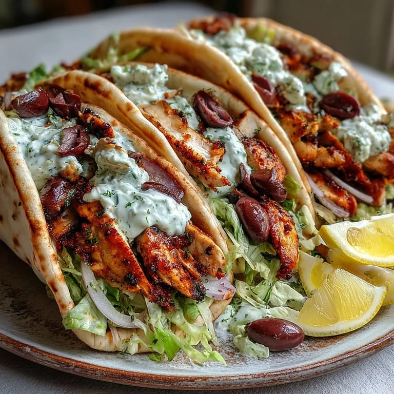 Złociste, grillowane kawałki kurczaka w plackach pity z sosem feta tzatziki i świeżymi warzywami.