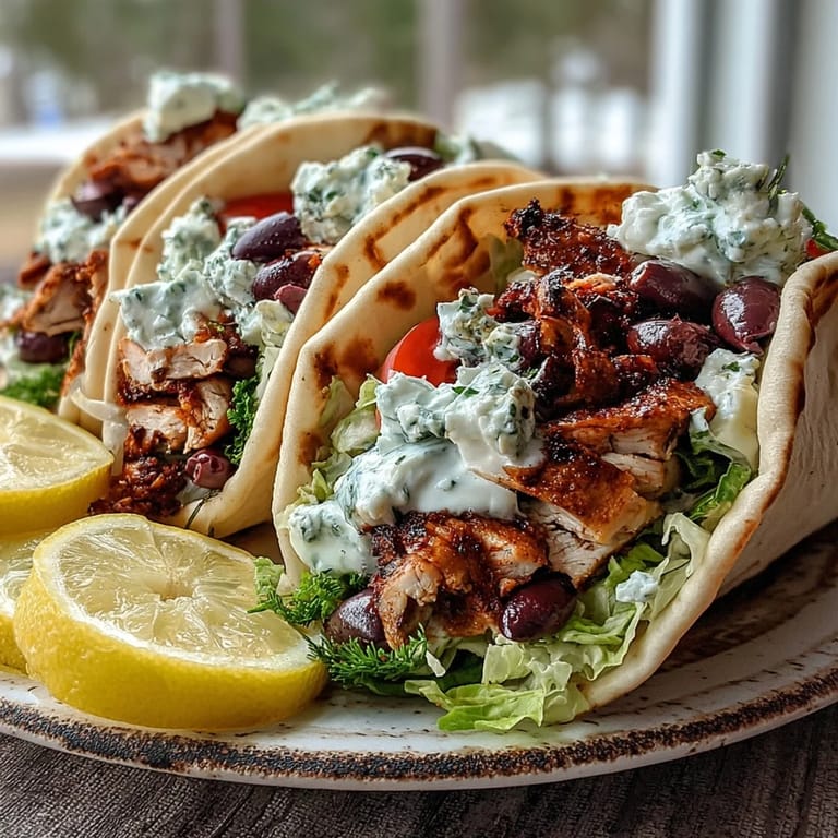 Udostępnianie domowych gyrośródziemnomorskich z kurczaka z sosem feta tzatziki na talerzu z oliwkami i pomidorami.